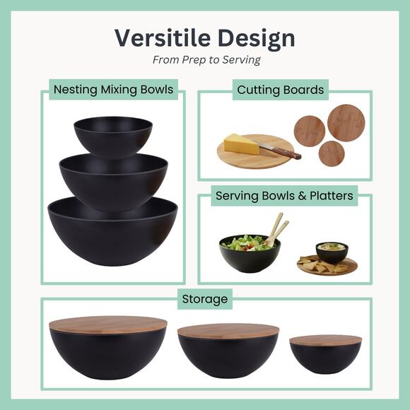 Bamboo Serving Bowl Set with Cutting Board Lids – Black (3 Bowls + Utensils) - Picture 4 of 6